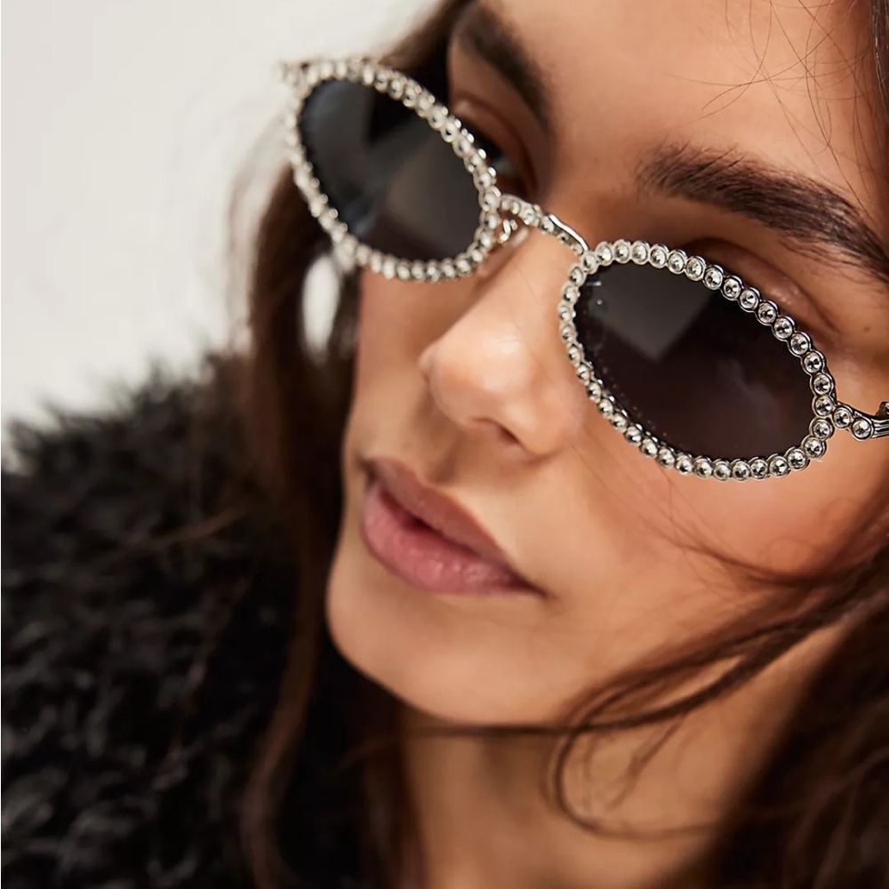 Free People Silver Jeweled Oval Sunglasses with Black Lenses